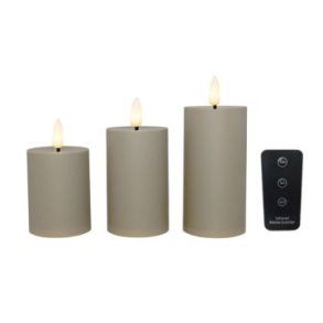 LED bloklys - udendrs (dia 5,2 cm) sand, 3 pak inkl. fjernbetjening