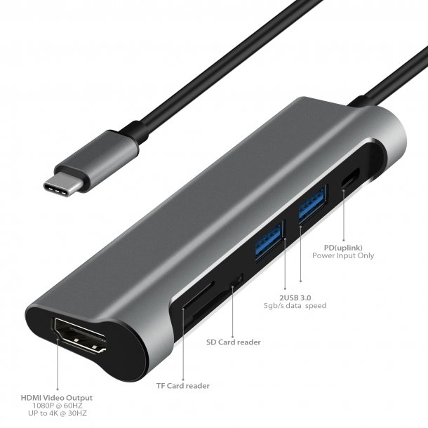 USB-C til HDMI, 2 x USB 3.0, SD+TF card slot, PD