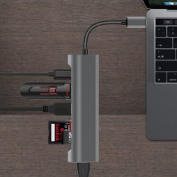 USB-C til HDMI, 2 x USB 3.0, SD+TF card slot, PD