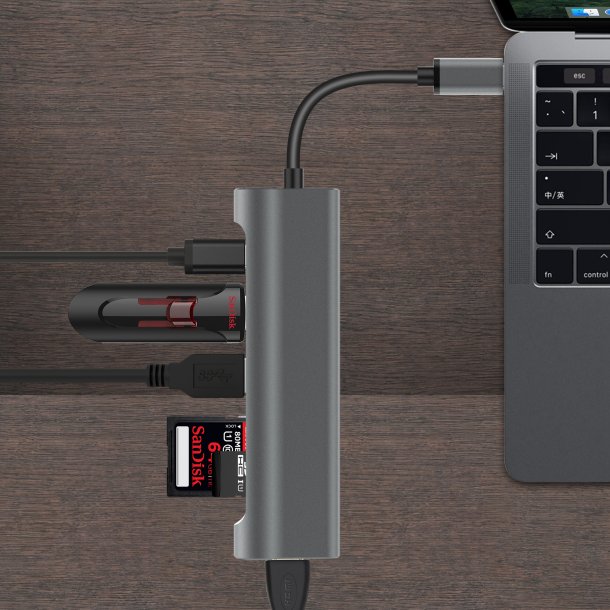 USB-C til HDMI, 2 x USB 3.0, SD+TF card slot, PD