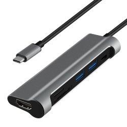 USB-C til HDMI, 2 x USB 3.0, SD+TF card slot, PD