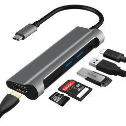 USB-C til HDMI, 2 x USB 3.0, SD+TF card slot, PD