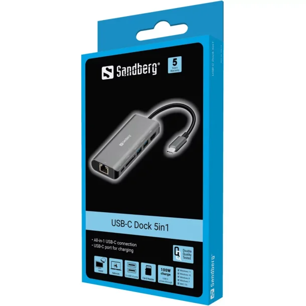 Sandberg USB-C Dock HDMI+LAN+SD+USB,61W, Hvid