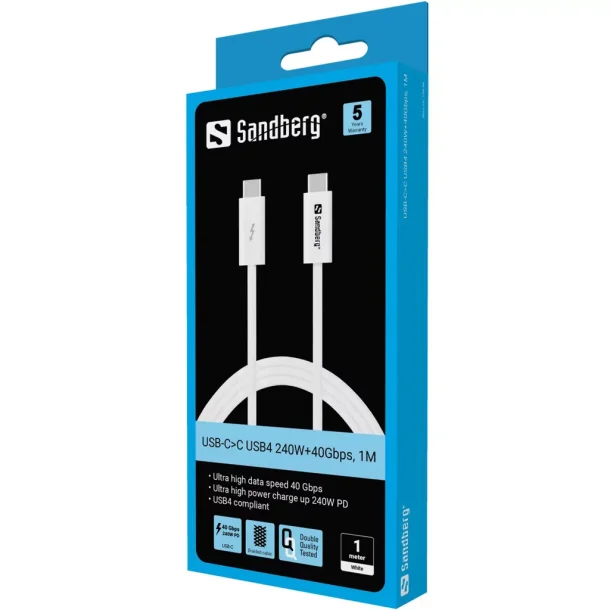 Sandberg USB-C>C kabel USB4 240W+40Gbps, 1M