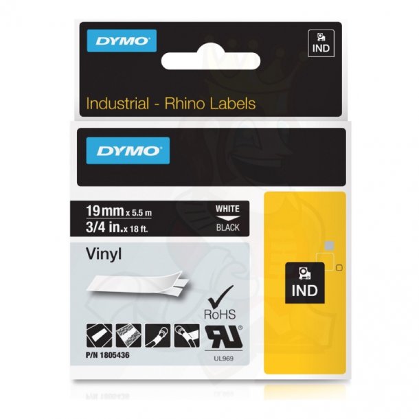 Dymo Tape Rhino 19mmx5,5m vinyl sort/hvid