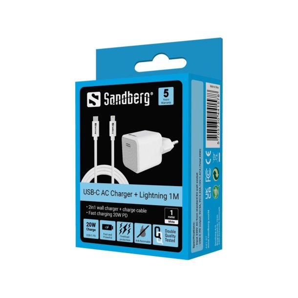 Sandberg USB-C AC 20W Oplader EU + Lightning-kabel 1M
