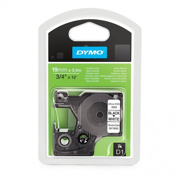 Dymo Tape D1 19mmx2,5m nylon sort/hvid