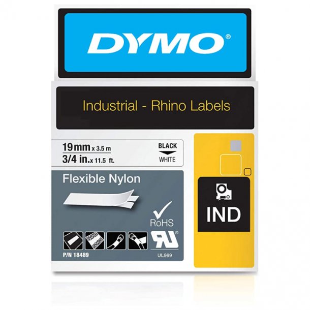 Dymo Tape Rhino 19mmx3,5m flexib nylon sort/hvid