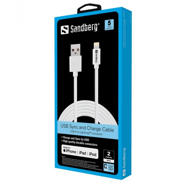 Sandberg USB - lightning kabel, 2 m, hvid