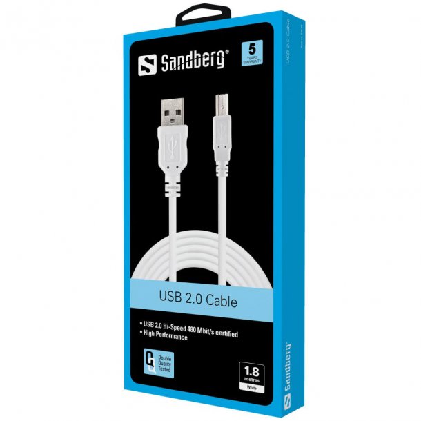 Sandberg USB - A-B han kabel, 1.8 m, hvid