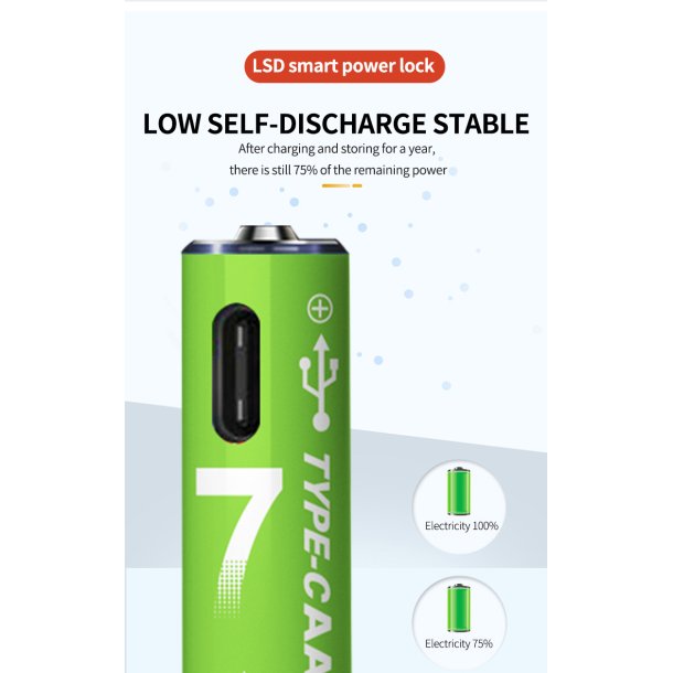 Genopladelige Lithium Batterier, USB-C, 1200 mAh, AAA, 4 stk