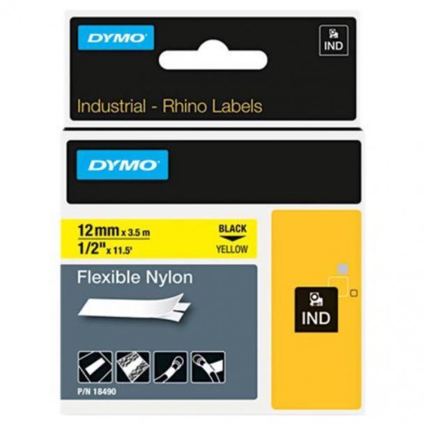 Dymo Tape Rhino 12mmx3,5m flexi nylon sort/gul