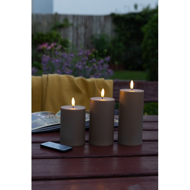 LED bloklys -udendørs, sand, 3 stk. inkl. fjernbetjening