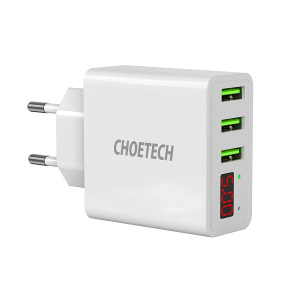 Choetech 3-Port USB-A Vgoplader m. Display 15W - Hvid