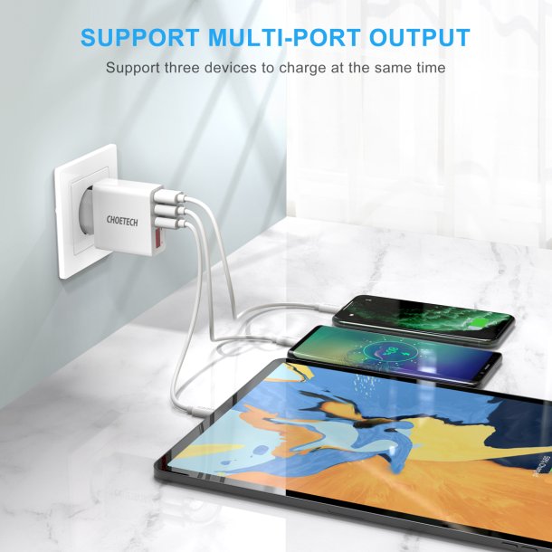 Choetech 3-Port USB-A Vgoplader m. Display 15W - Hvid