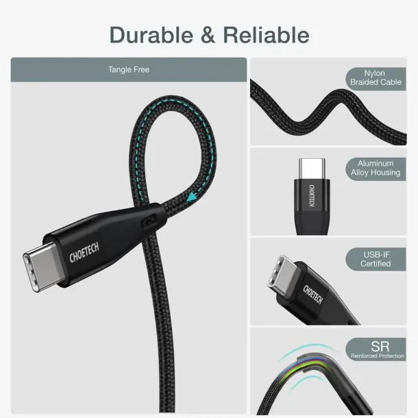 Choetech USB-C - USB-C PD kabel, 60W, 1,2 m, sort