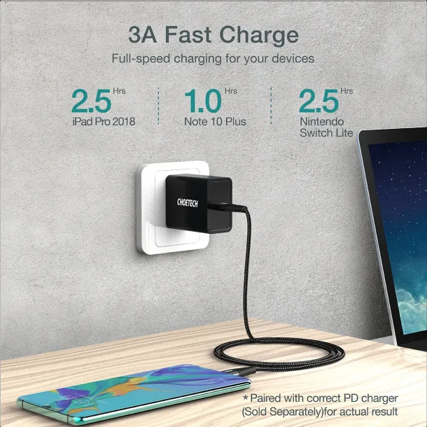 Choetech USB-C - USB-C PD kabel, 60W, 1,2 m, sort