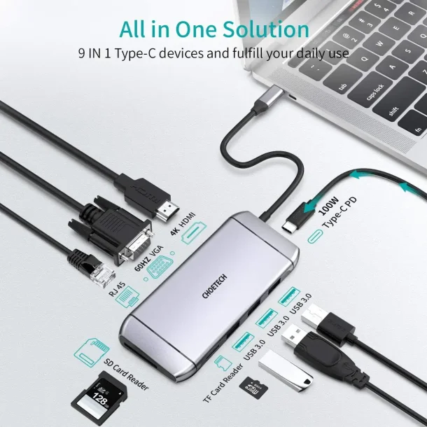 Choetech 9-i-1 USB-C Hub, 4K HDMI, 100W PD, Gr