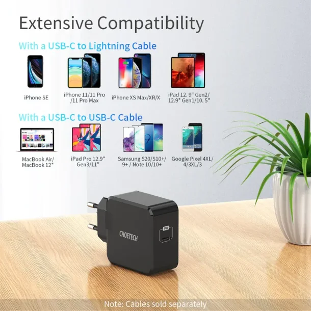 Choetech USB-C PD vgoplader, 30W, sort