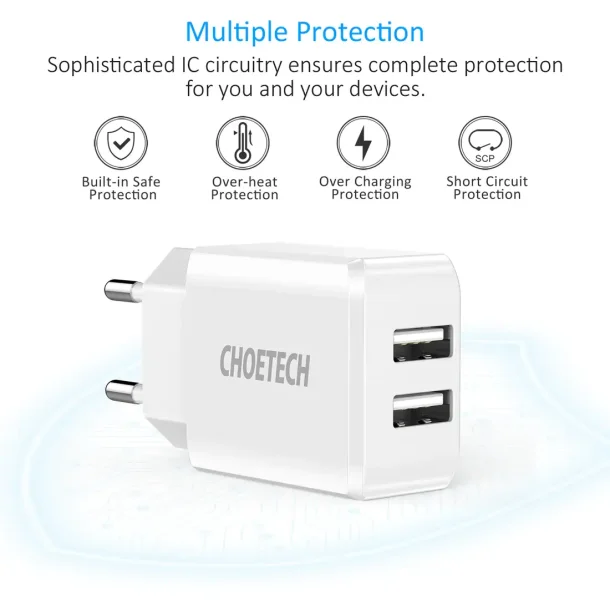 Choetech 2-Port Vgoplader 10W - Hvid