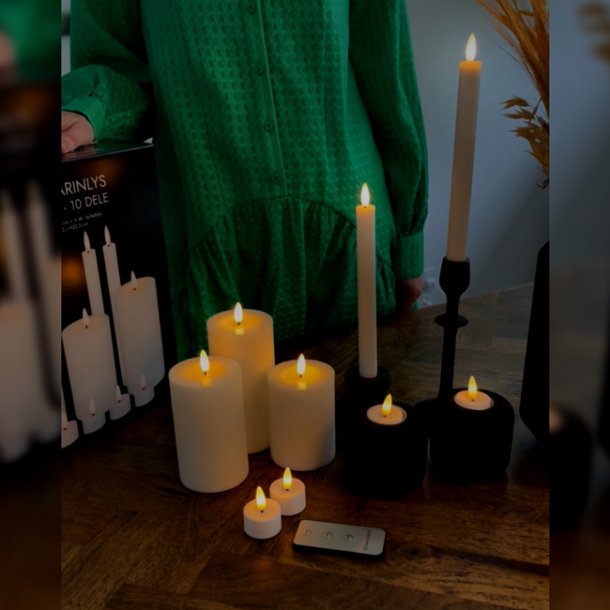 LED lyssæt - Bloklys, kronelys og fyrfadslys, hvid - 10 dele inkl. fjernbetjening