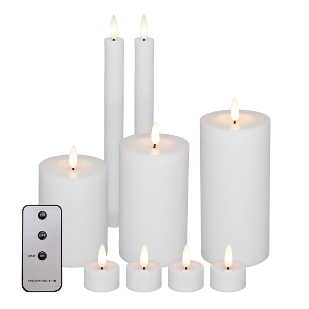 LED lyssæt - Bloklys, kronelys og fyrfadslys, hvid - 10 dele inkl. fjernbetjening