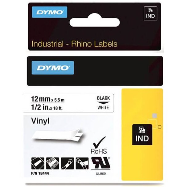 DYMO Tape Rhino 12 mm (5,5 m), Vinyl - sort/hvid