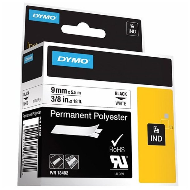 DYMO Tape Rhino 9 mm (5,5 m), Permanent Polyester - sort/hvid