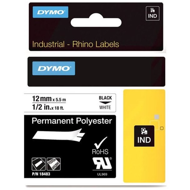 DYMO Tape Rhino 12 mm (5,5 m), Permanent Polyester - sort/hvid