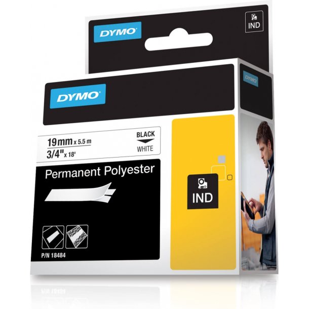 Dymo Tape Rhino 19 mm x 5,5 m Permanent polyester Sort / Hvid