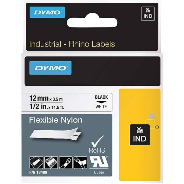 DYMO Tape Rhino 12 mm x 3,5 m, fleksibel nylon - sort/hvid