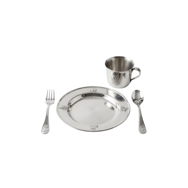 B�rnes�t i rustfrit st�l 4 dele � tallerken, kop, gaffel &amp; ske | Steel Function