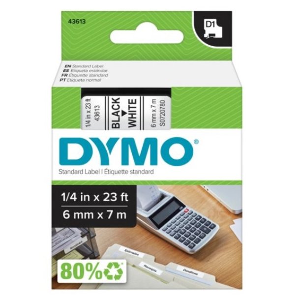 DYMO tape D1 (43613), 6 mm x 7 m -sort/hvid