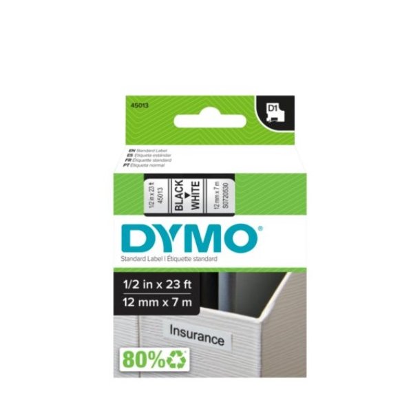 DYMO tape D1 (45010), 12 mm x 7 m - sort/klar
