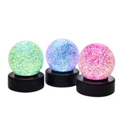 Glitter lampebold 8 cm med farveskiftende LED-lys