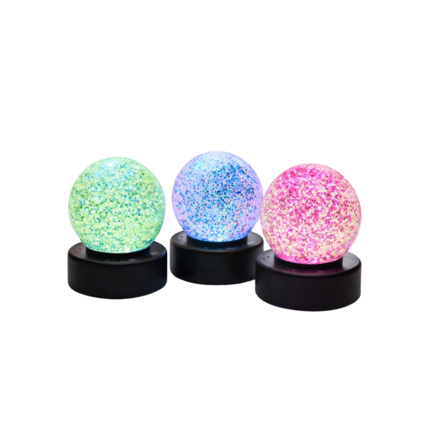 Glitter lampebold 8 cm med farveskiftende LED-lys