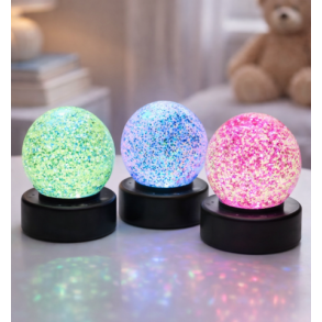 Glitter lampebold 8 cm med farveskiftende LED-lys