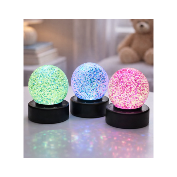 Glitter lampebold 8 cm med farveskiftende LED-lys