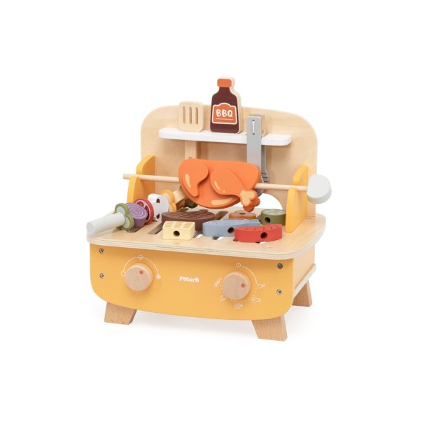 Grill i tr� � BBQ leges�t med grillmad og tilbeh�r