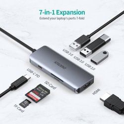 Choetech 7-i-1 USB-C Hub, USB 3.0 4K HDMI, 100W PD, grå