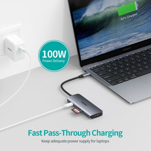 Choetech 7-i-1 USB-C Hub, USB 3.0 4K HDMI, 100W PD, grå