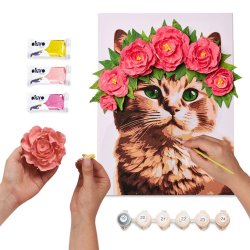 Kat med blomsterkrans i 3D �  mal efter tal og air clay