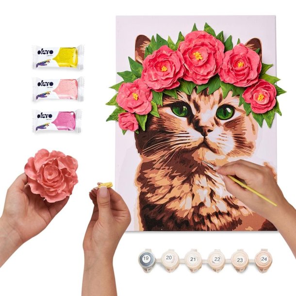 Kat med blomsterkrans i 3D �  mal efter tal og air clay