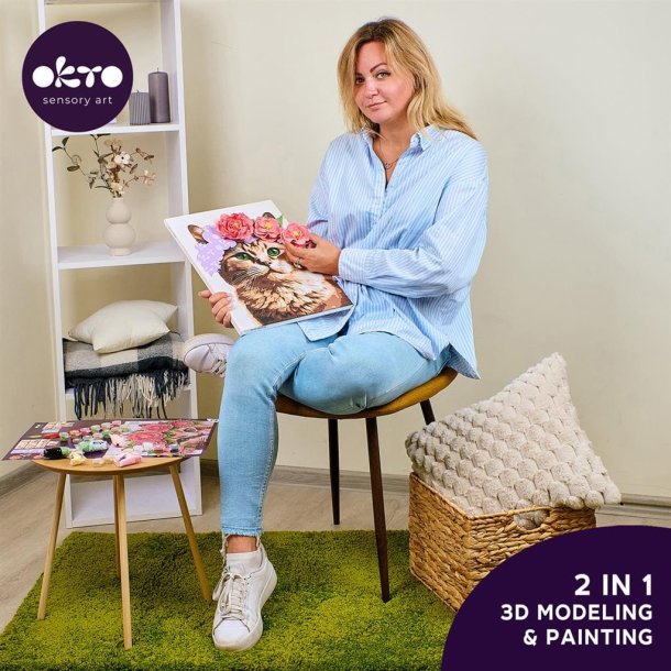 Kat med blomsterkrans i 3D �  mal efter tal og air clay