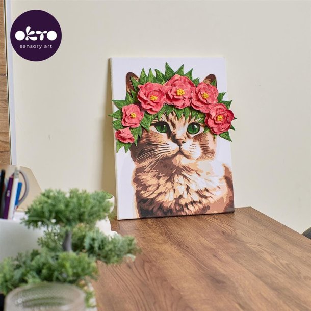 Kat med blomsterkrans i 3D �  mal efter tal og air clay