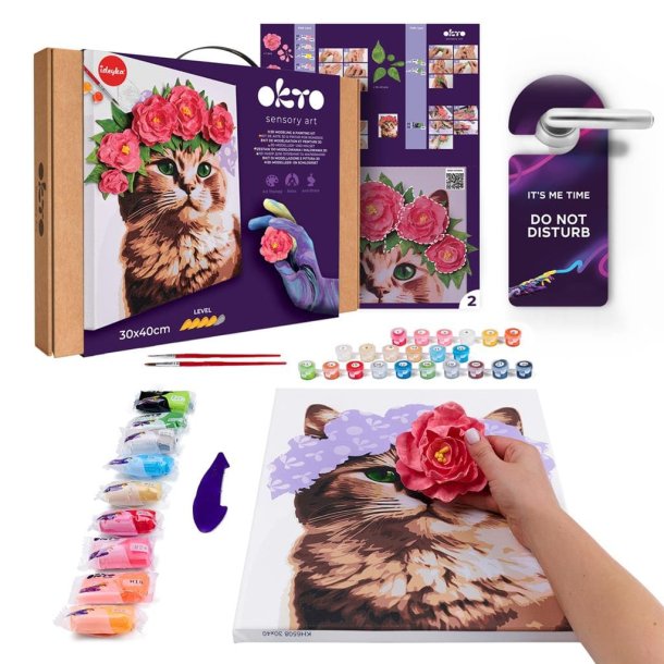 Kat med blomsterkrans i 3D �  mal efter tal og air clay