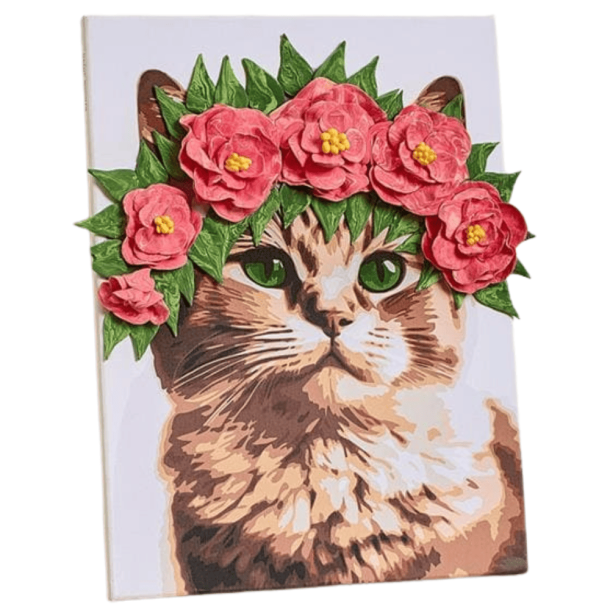 Kat med blomsterkrans i 3D �  mal efter tal og air clay