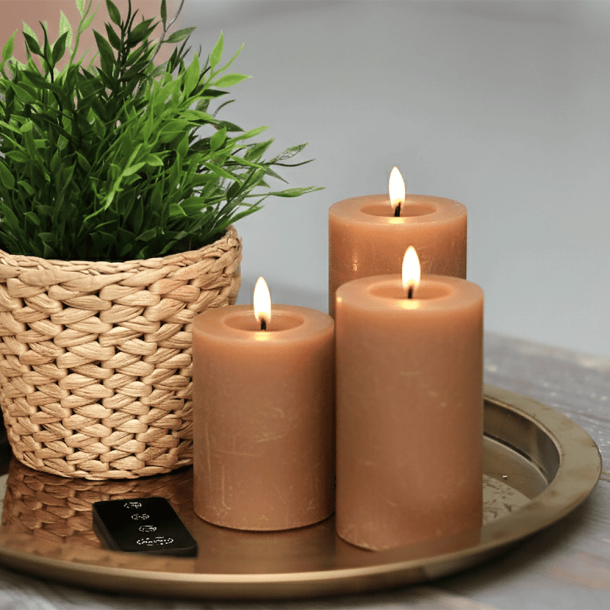 LED Bloklys, Mocca, 3-pak inkl. fjernbetjening