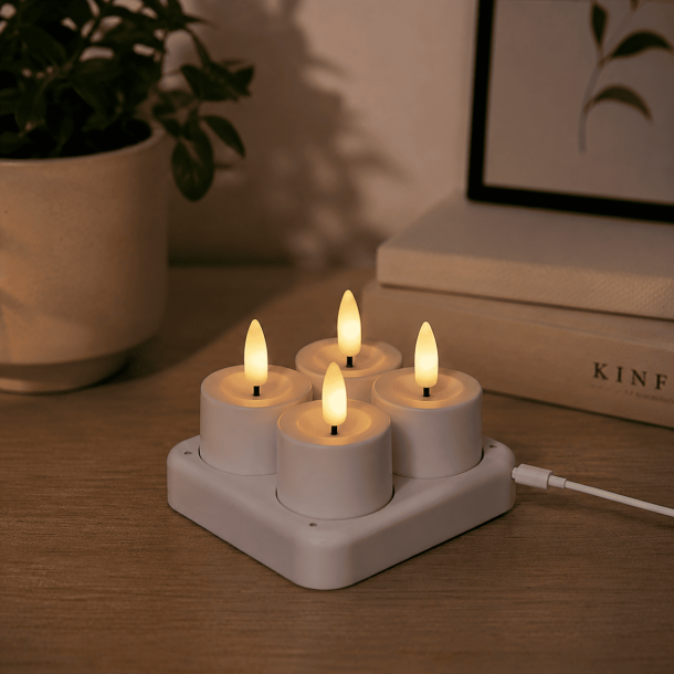 Uppladdningsbara LED-v�rmeljus med laddningsstation � 4 st