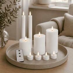 LED lyss�t - Bloklys, kronelys og fyrfadslys, hvid - 10 dele inkl. fjernbetjening